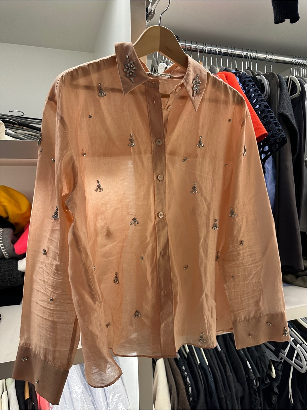 Zara Sheer Peach Embellished Button-Up Blouse